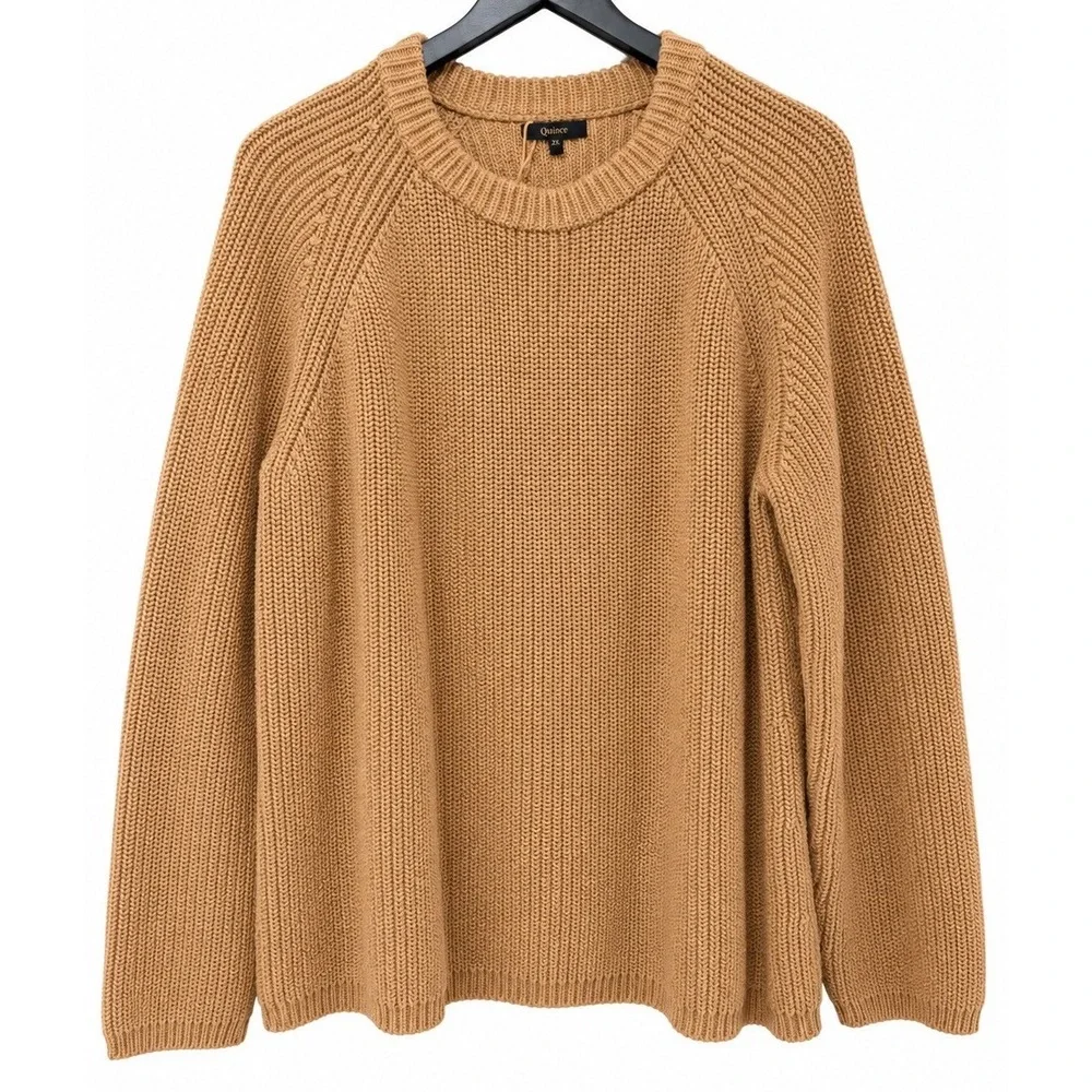 Quince Organic Cotton Fisherman Crew Sweater Camel Women’s 2X Ribbed Knit